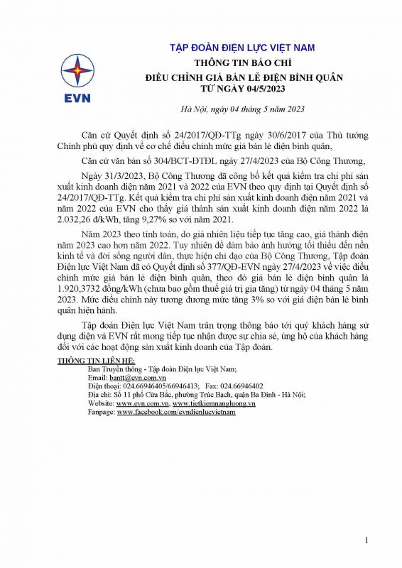 EVN điều chỉnh giá bán lẻ điện bình quân từ ngày 04/5/2023